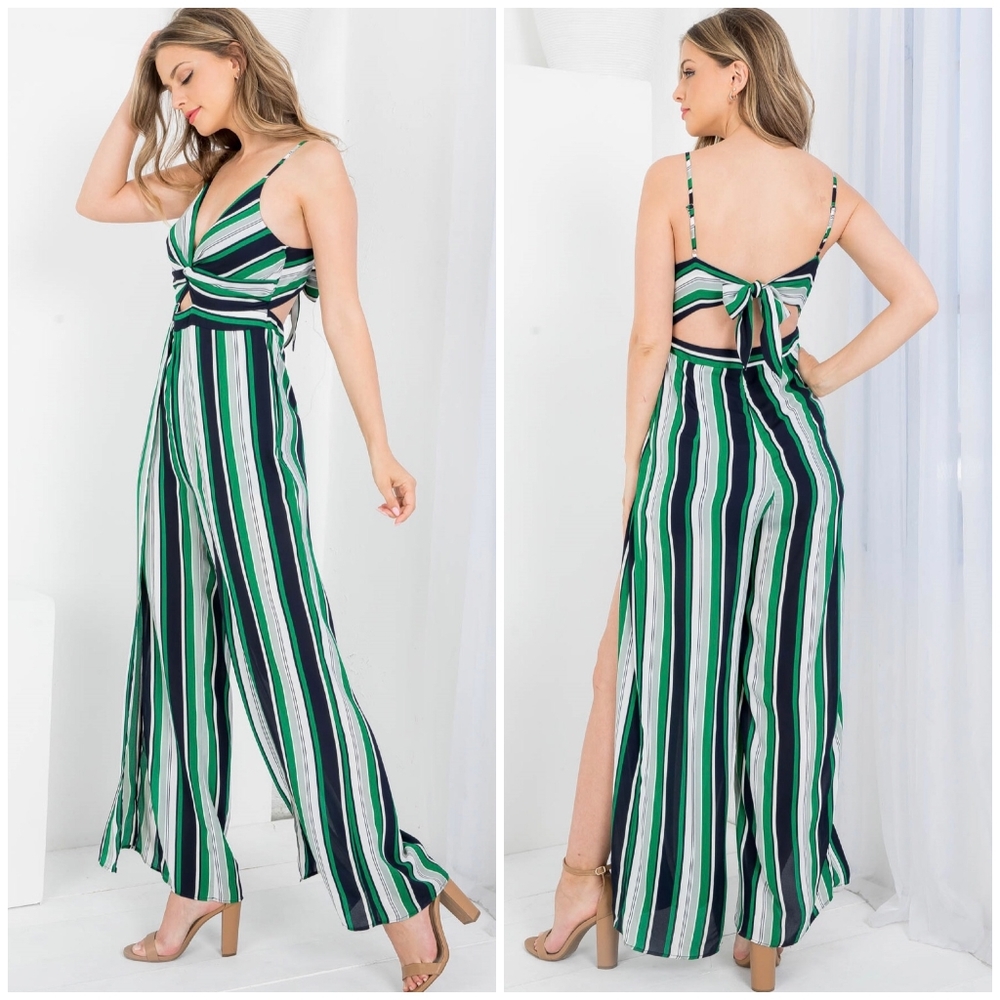 ILLA ILLA Sexy Green Striped Bow Tie Back Slit Straight Leg Jumpsuit - Picture 11 of 11